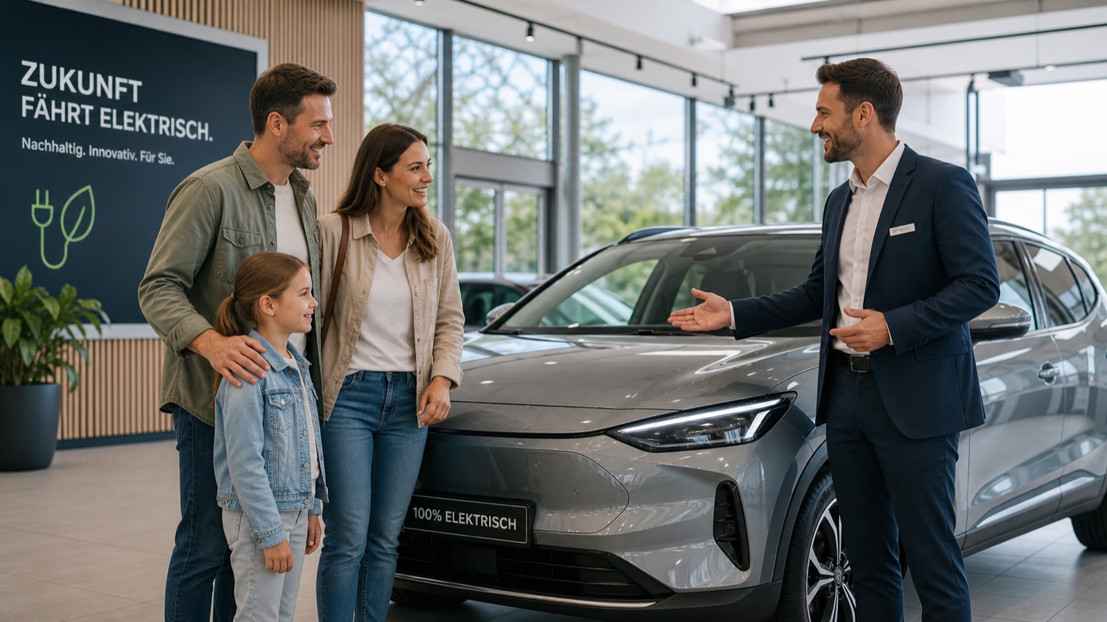 Familie im Autohaus mit Elektroauto und Berater